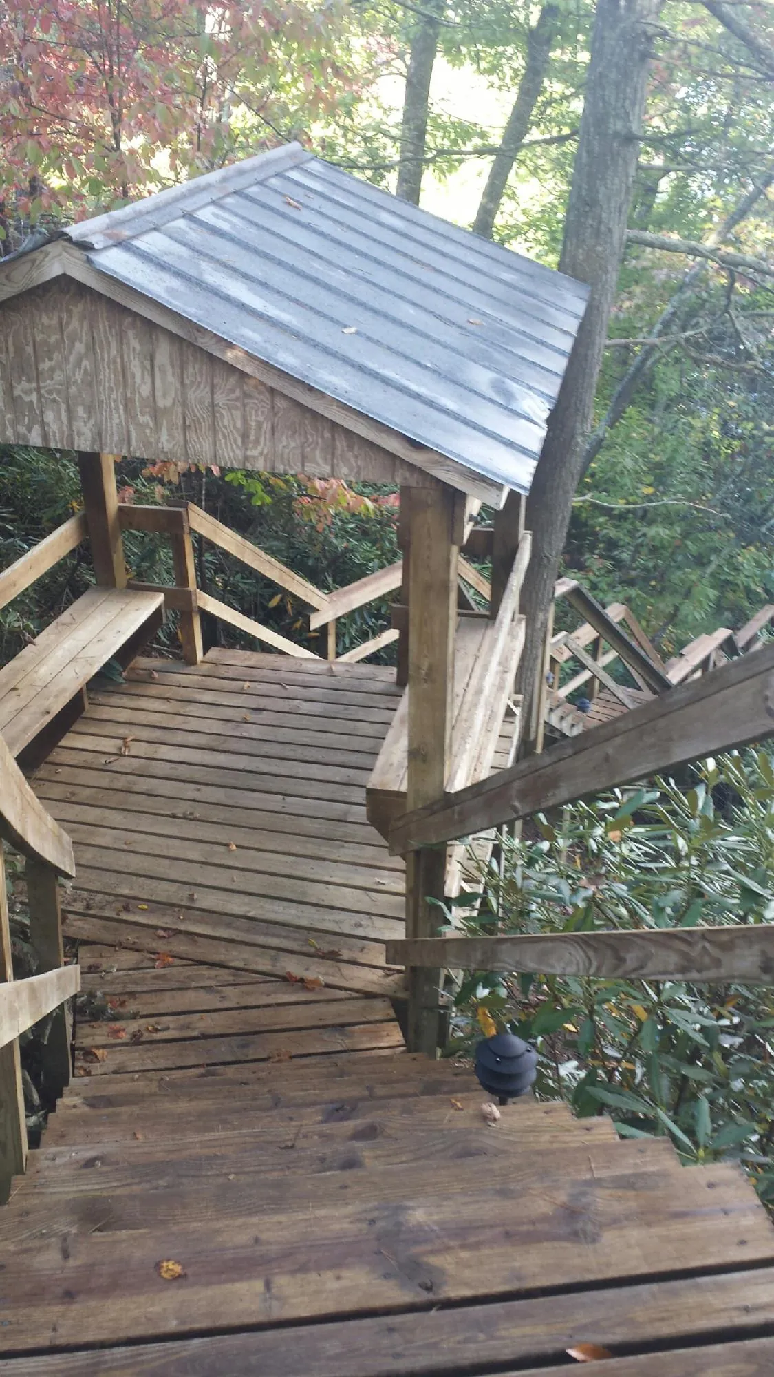 Metal roofed shelter over wooden steps on a wooded walkway — Skylight Repair & Installation work by our crew in Mayesville